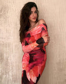 Madame Shanaya Kapoor Abstract Print Off Shoulder Semi Sheer Orange Maxi Dress