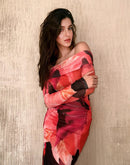 Madame Shanaya Kapoor Abstract Print Off Shoulder Semi Sheer Orange Maxi Dress