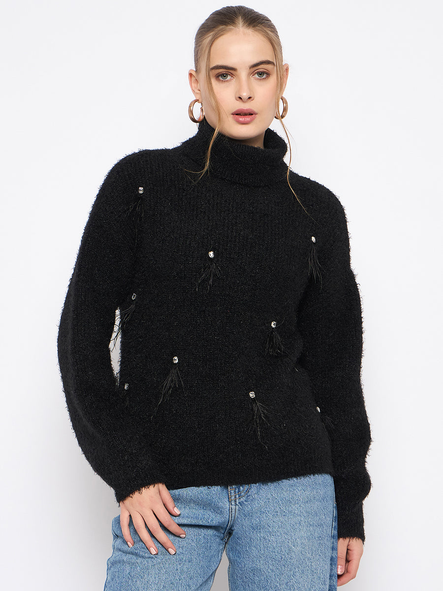 Madame Embellished Turtleneck Black Sweater