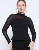 Madame Band Neck Embellished Solid Black Mesh Top