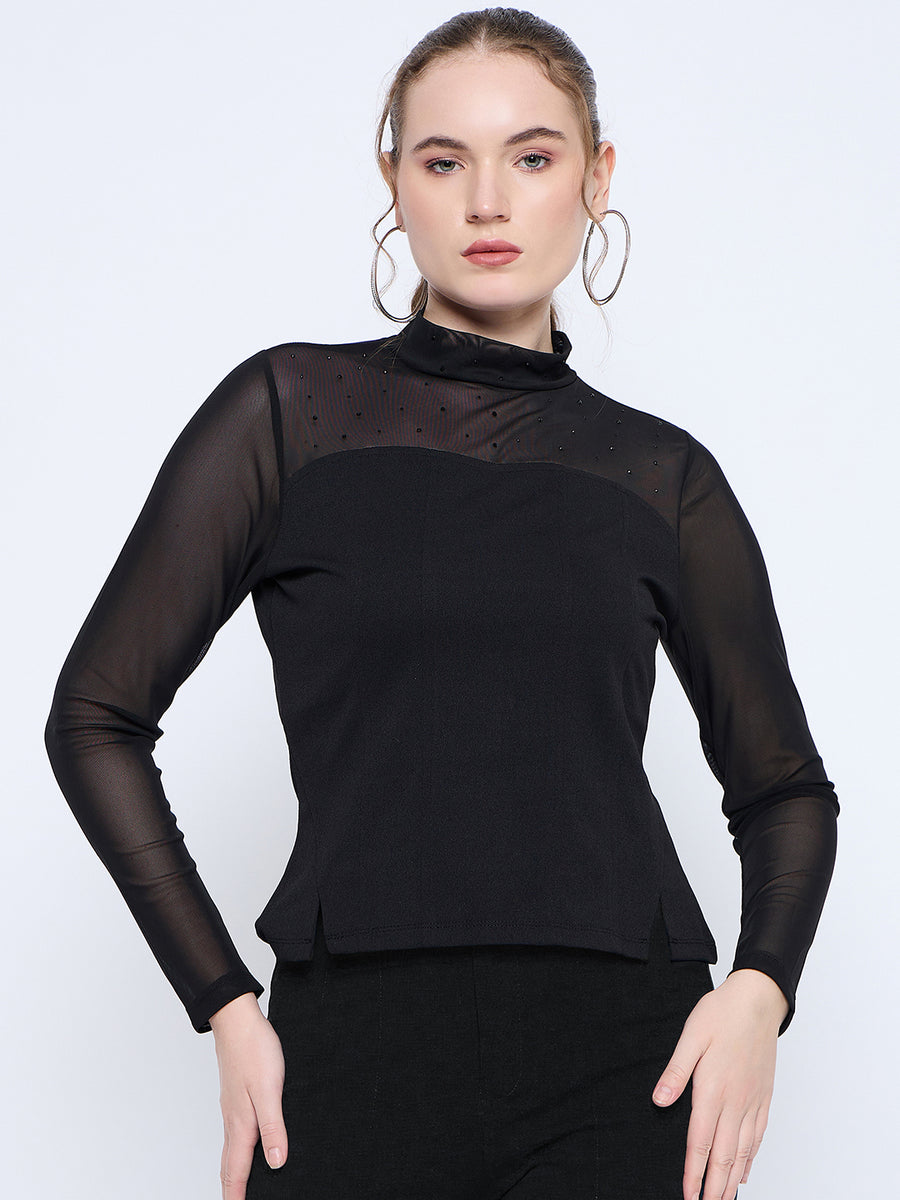 Madame Band Neck Embellished Solid Black Mesh Top