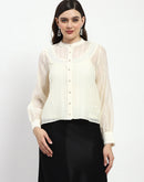 Madame Bridgerton Embroidered Lacework Beige Tencel Shirt