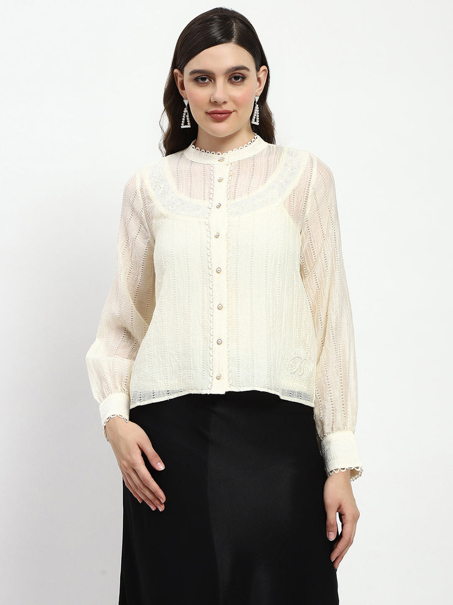 Madame Bridgerton Embroidered Lacework Beige Tencel Shirt