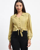 Madame Self Belted Waist Striped Yellow Shirt