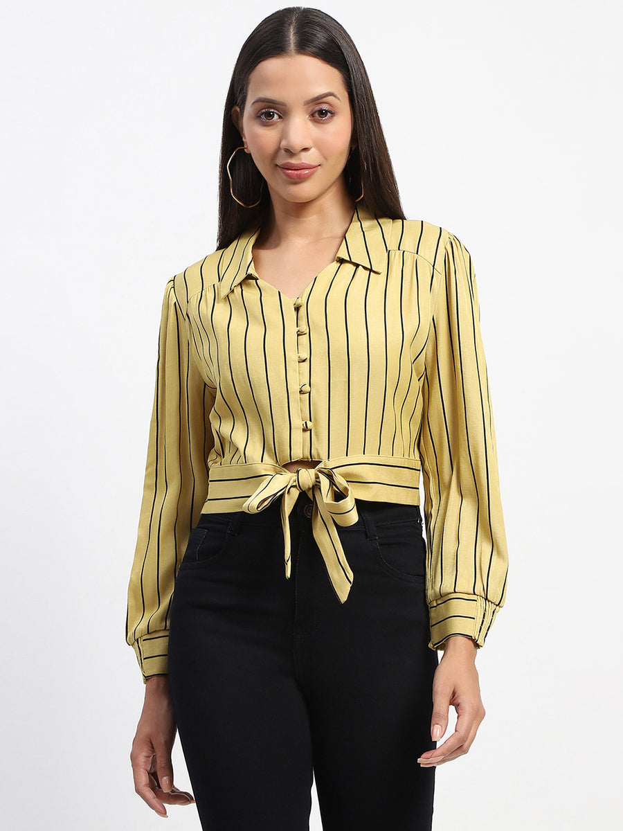 Madame Self Belted Waist Striped Yellow Shirt