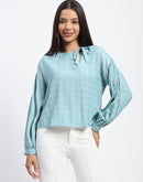 Madame Tie Neck Puff Sleeve Chequered  Aqua Blue Top