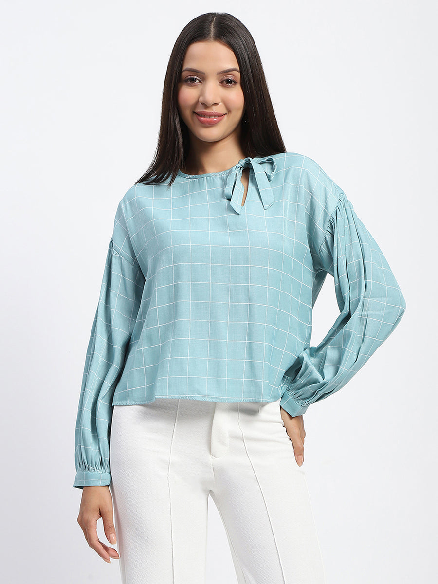 Madame Tie Neck Puff Sleeve Chequered  Aqua Blue Top