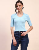 Camla Barcelona Ribbed Collared V Neck Skinny Fit Blue T-shirt