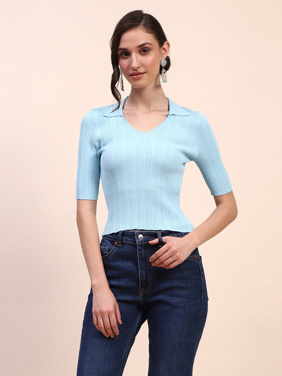 Camla Barcelona Ribbed Collared V Neck Skinny Fit Blue T-shirt