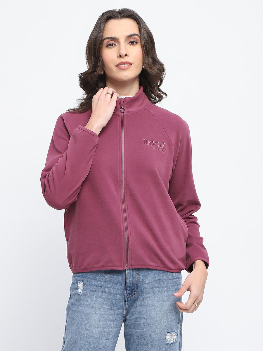 Madame Raglan Sleeve Embroidered Plum Zipped Sweatshirt