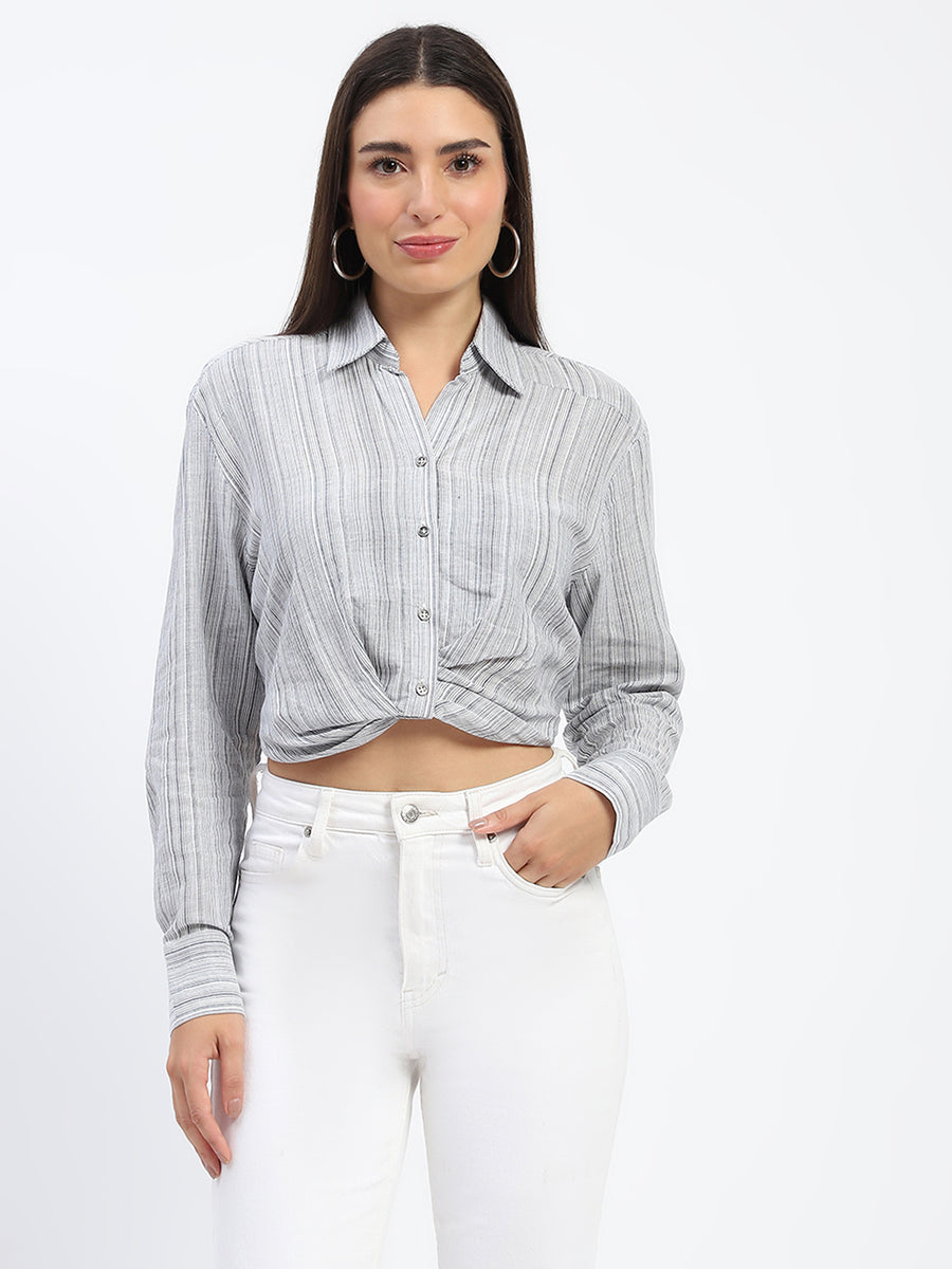 Madame Striped Overlap Detailing Off White Shirt