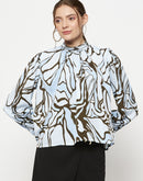 Madame Embellished Butterfly Print Sky Blue Mock Neck Top