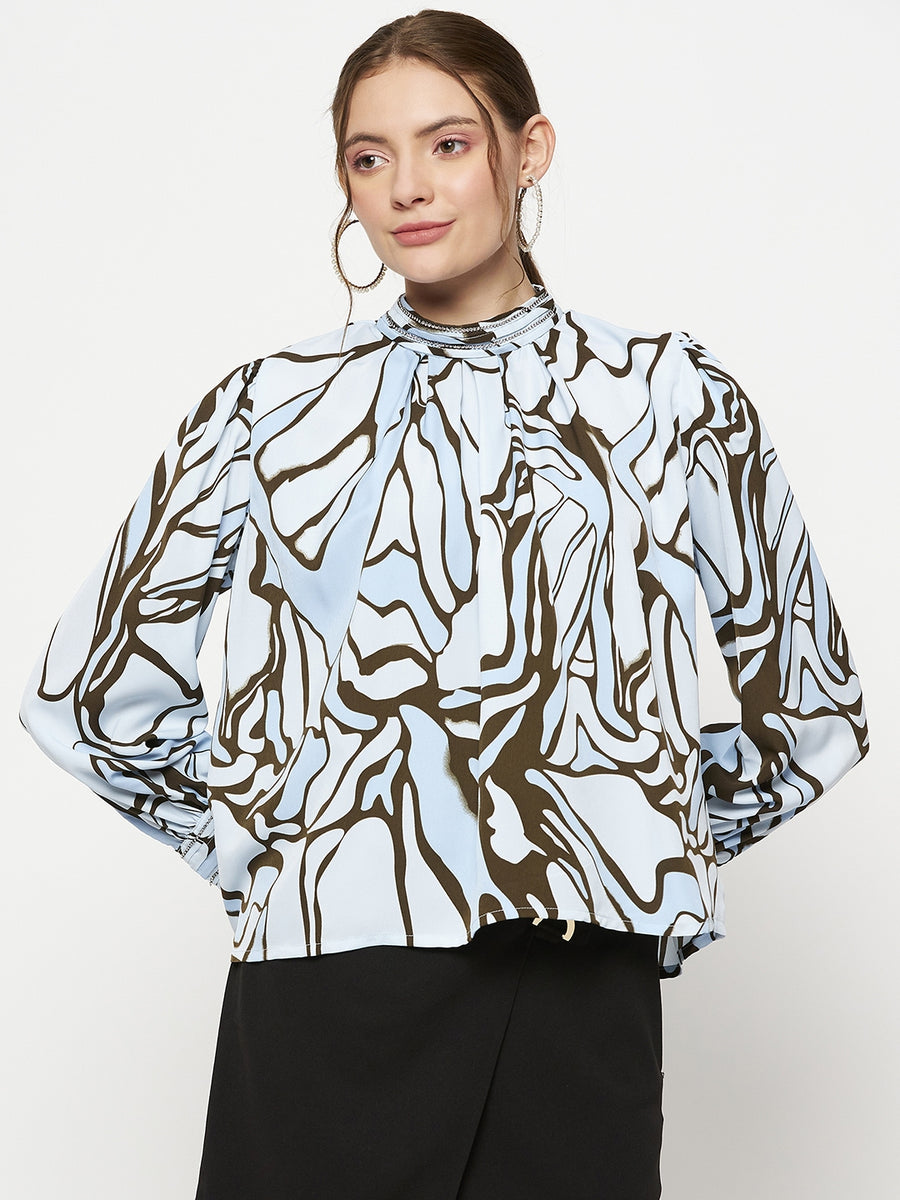 Madame Embellished Butterfly Print Sky Blue Mock Neck Top