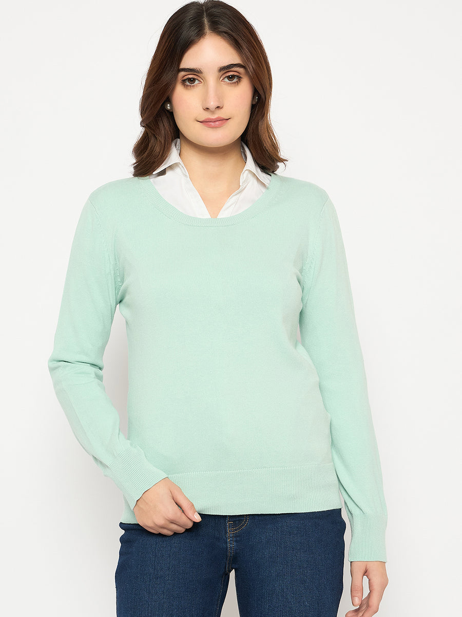 Madame Round Neck Ribbed Cuff Mint Green Sweater