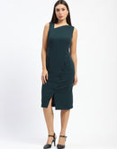 Madame Button Accented Asymmetrical Neck Teal Midi Dress