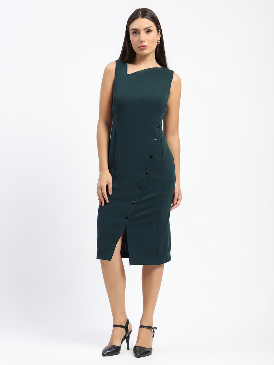 Madame Button Accented Asymmetrical Neck Teal Midi Dress