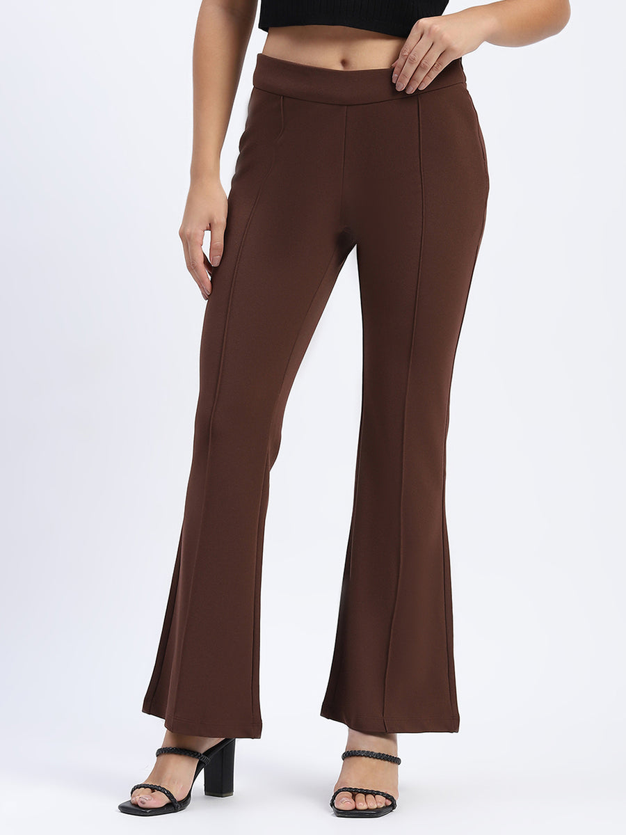 Madame Single Pleated Brown Flared Trousers