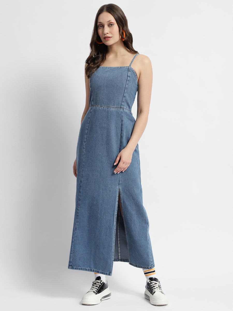 Madame Front Slit Long Denim Dress