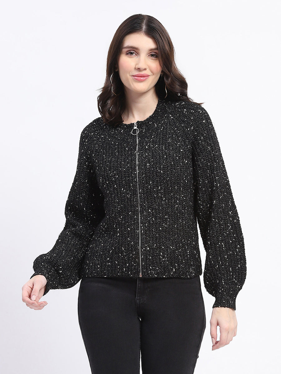 Madame Speckled Zip Up Black Acrylic Sweater