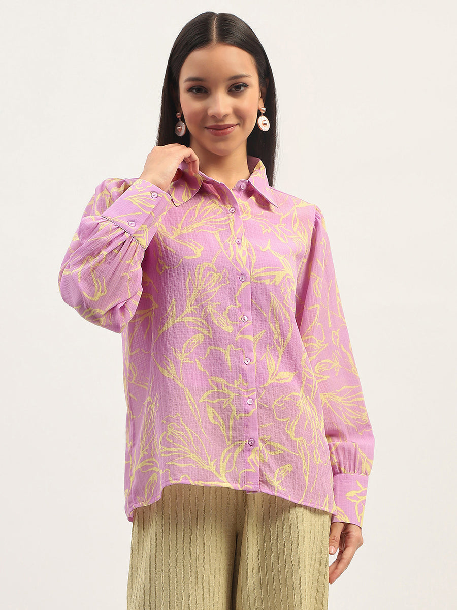 Madame Floral Print Bishop Sleeve Lilac Shirt