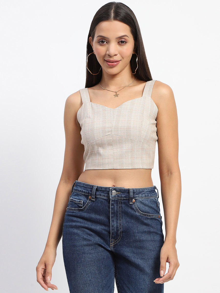 Madame Chequered Beige Strap Neckline Crop Top