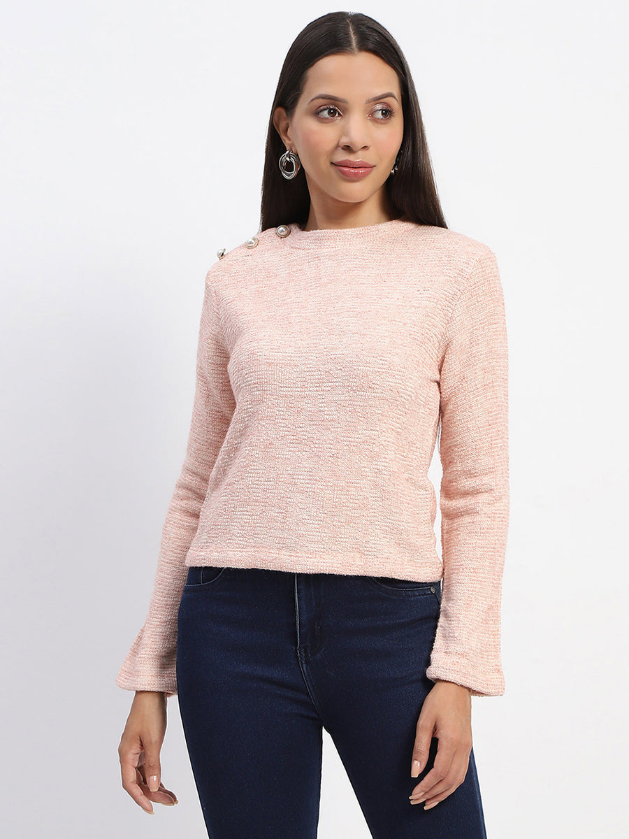 Madame Golden Pearl Shoulder Snap Button Peach Top