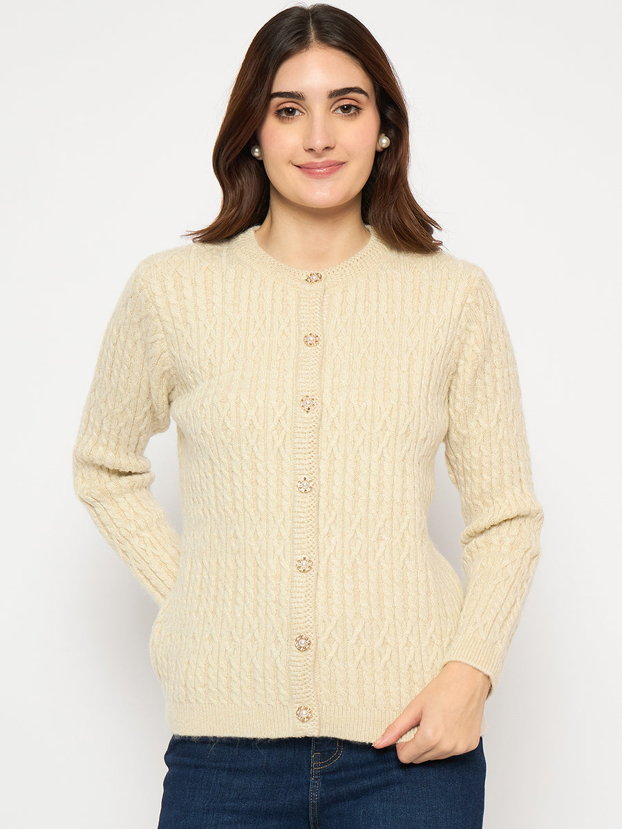 Madame Cable Knit Button Down Beige Cardigan