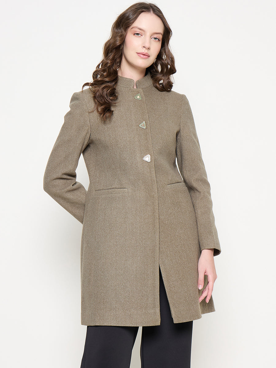 Madame Mélange Button Detailed T Neck Olive Long Coat