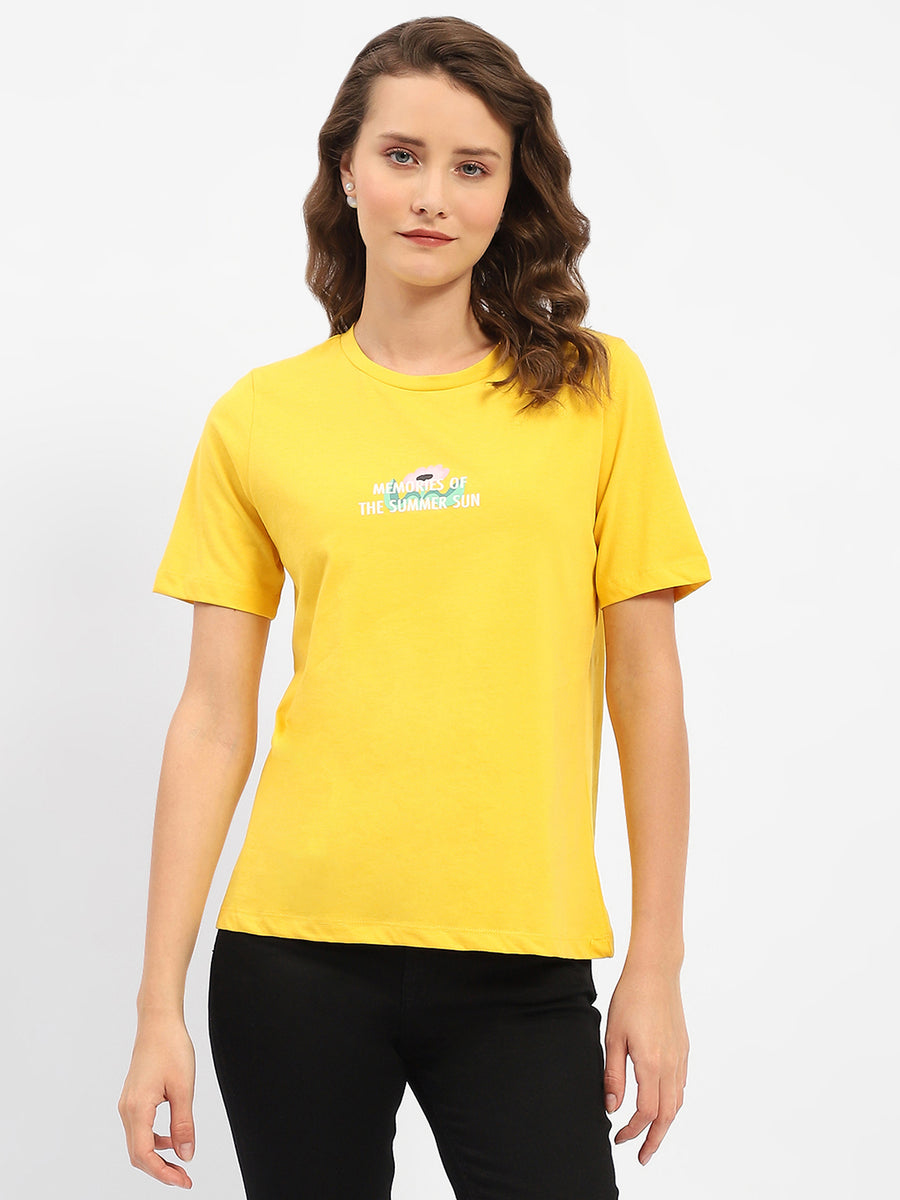 Madame Graphic Printed Round Neck Cotton Yellow T-Shirt