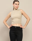 Madame Ribbed Mock Neck Camel Brown Sleeveless Sweater