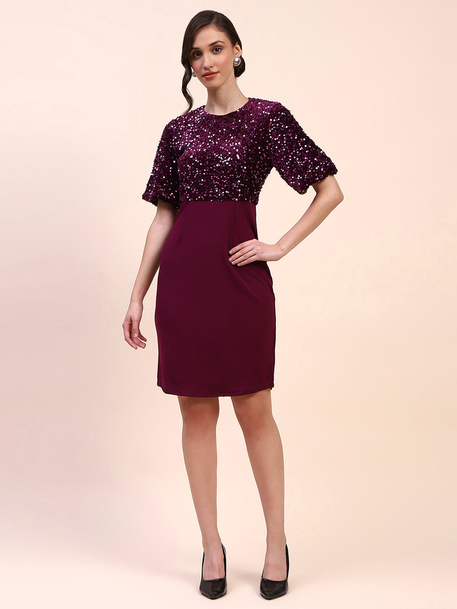 Camla Barcelona Sequin Embellished Plum Sheath Dress