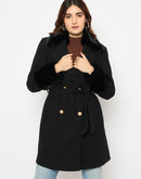 Madame Faux Fur Appliqué Double Breasted Black Long Coat