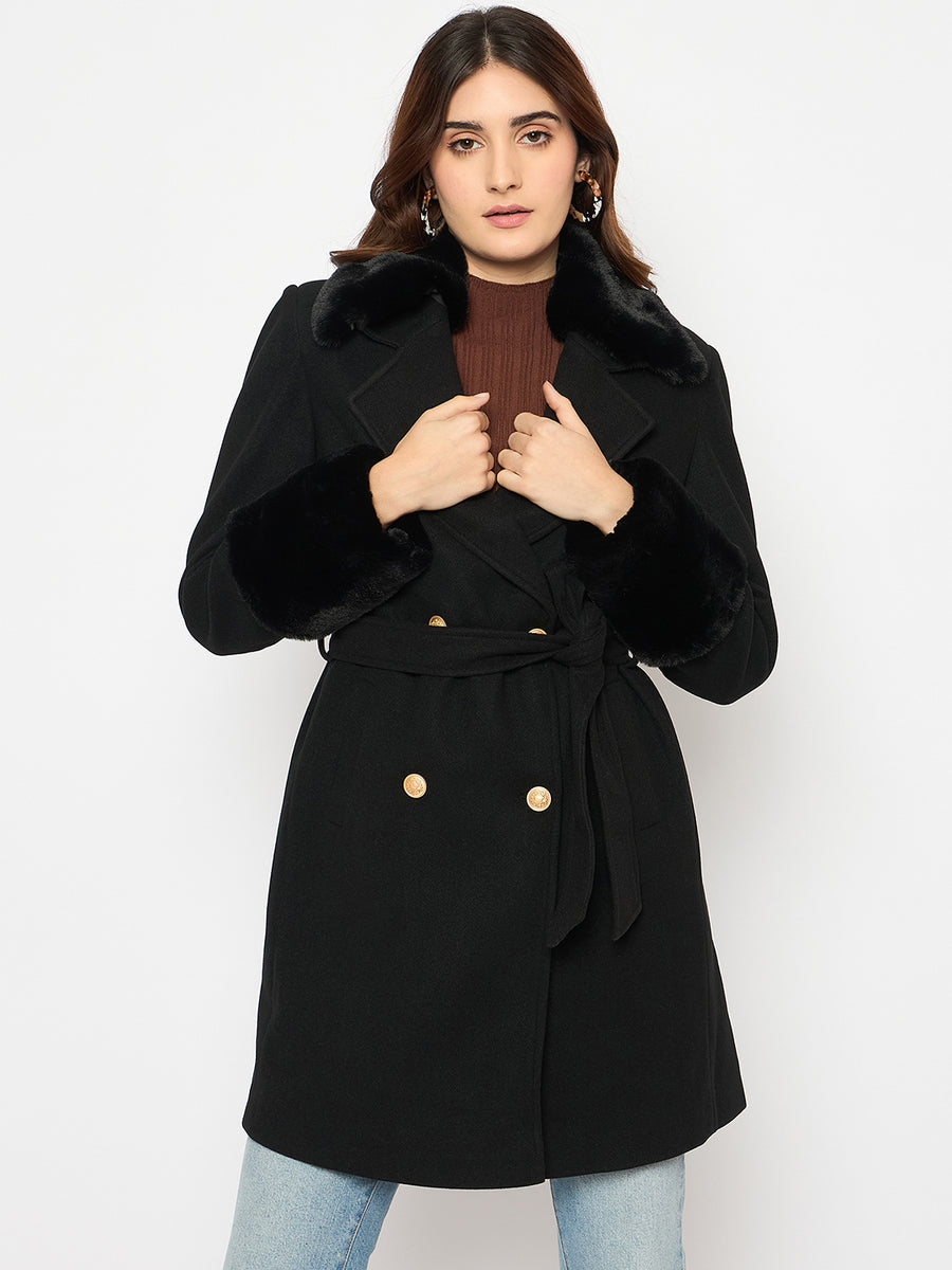 Madame Faux Fur Appliqué Double Breasted Black Long Coat