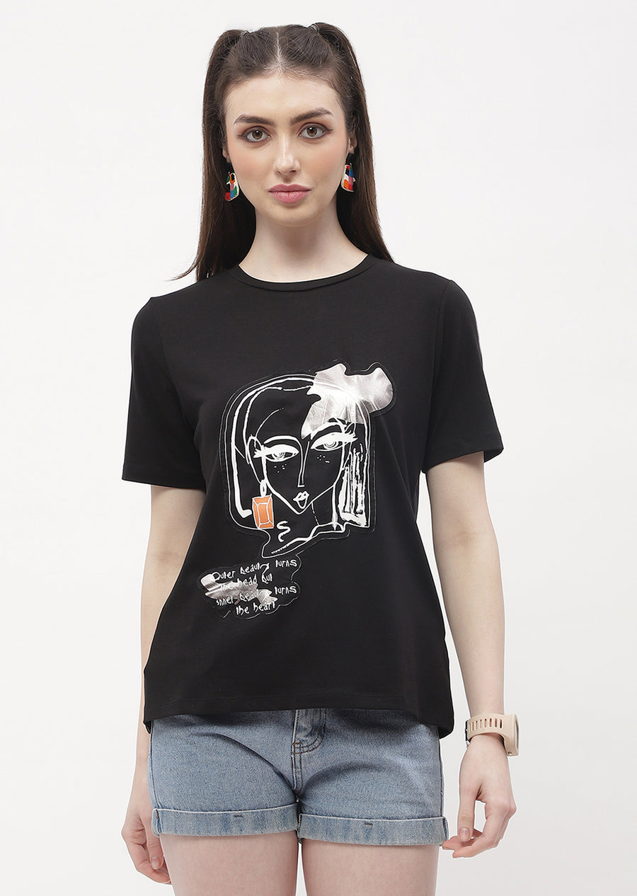 Madame Graphic Print Black Regular T-Shirt