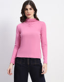 Madame Ruched Mock Neck Plain Pink Cotton Top