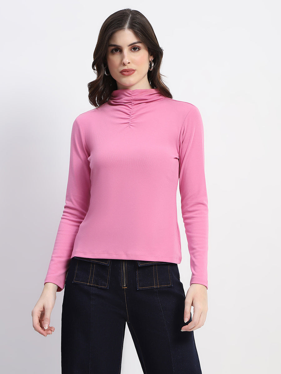 Madame Ruched Mock Neck Plain Pink Cotton Top