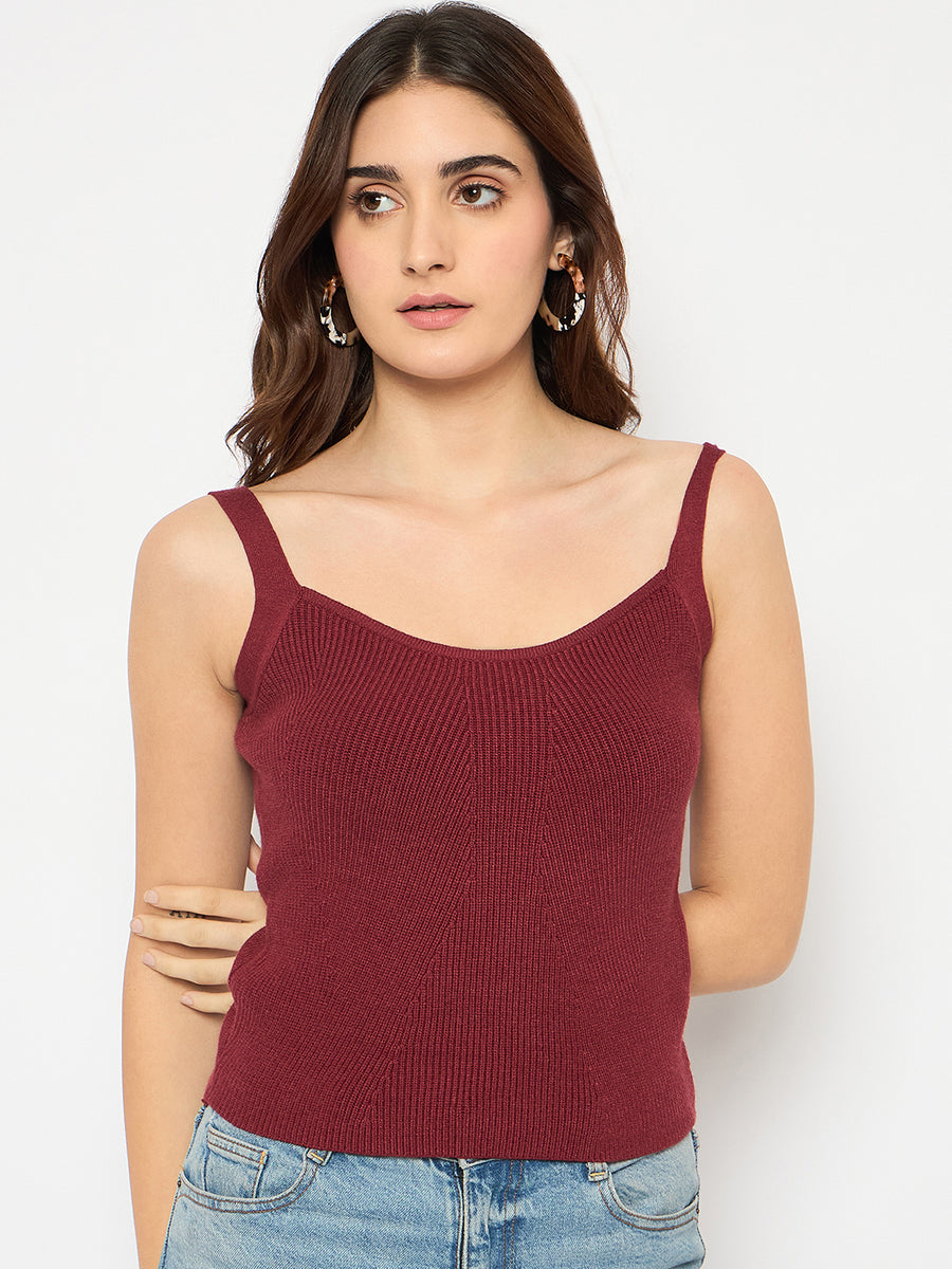 Madame Sleeveless Solid Wine Red Sweater