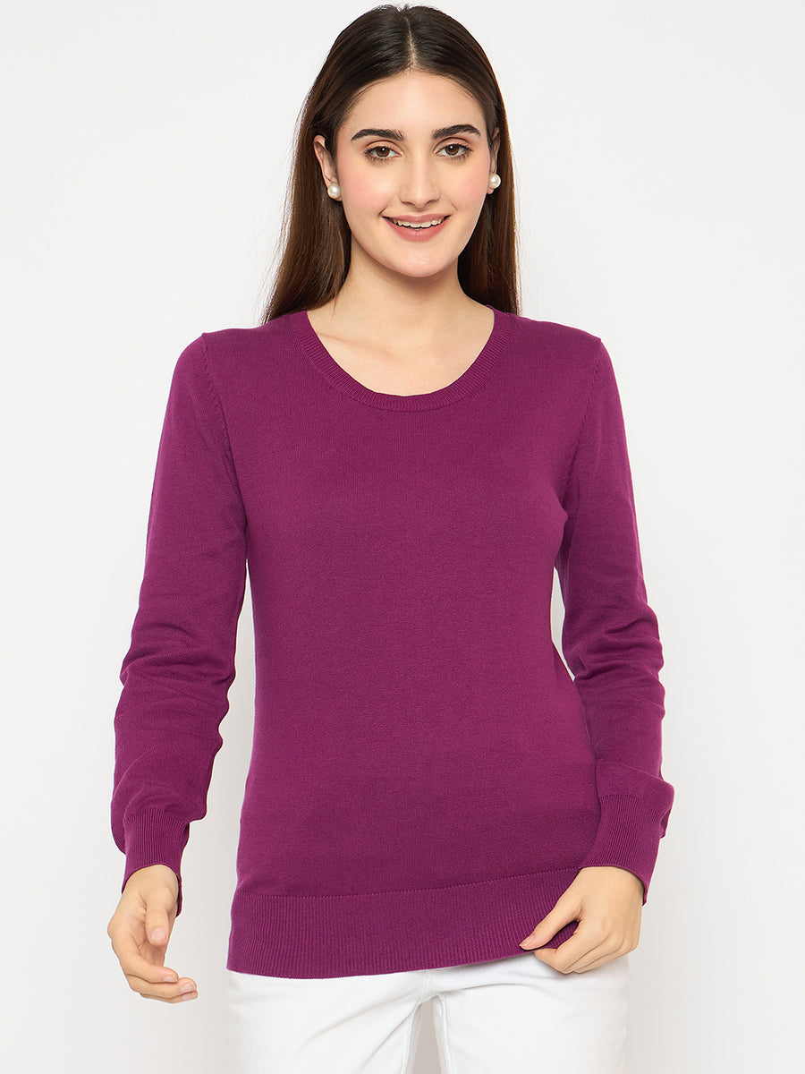 Madame Round Neck Ribbed Cuff Purple Sweater