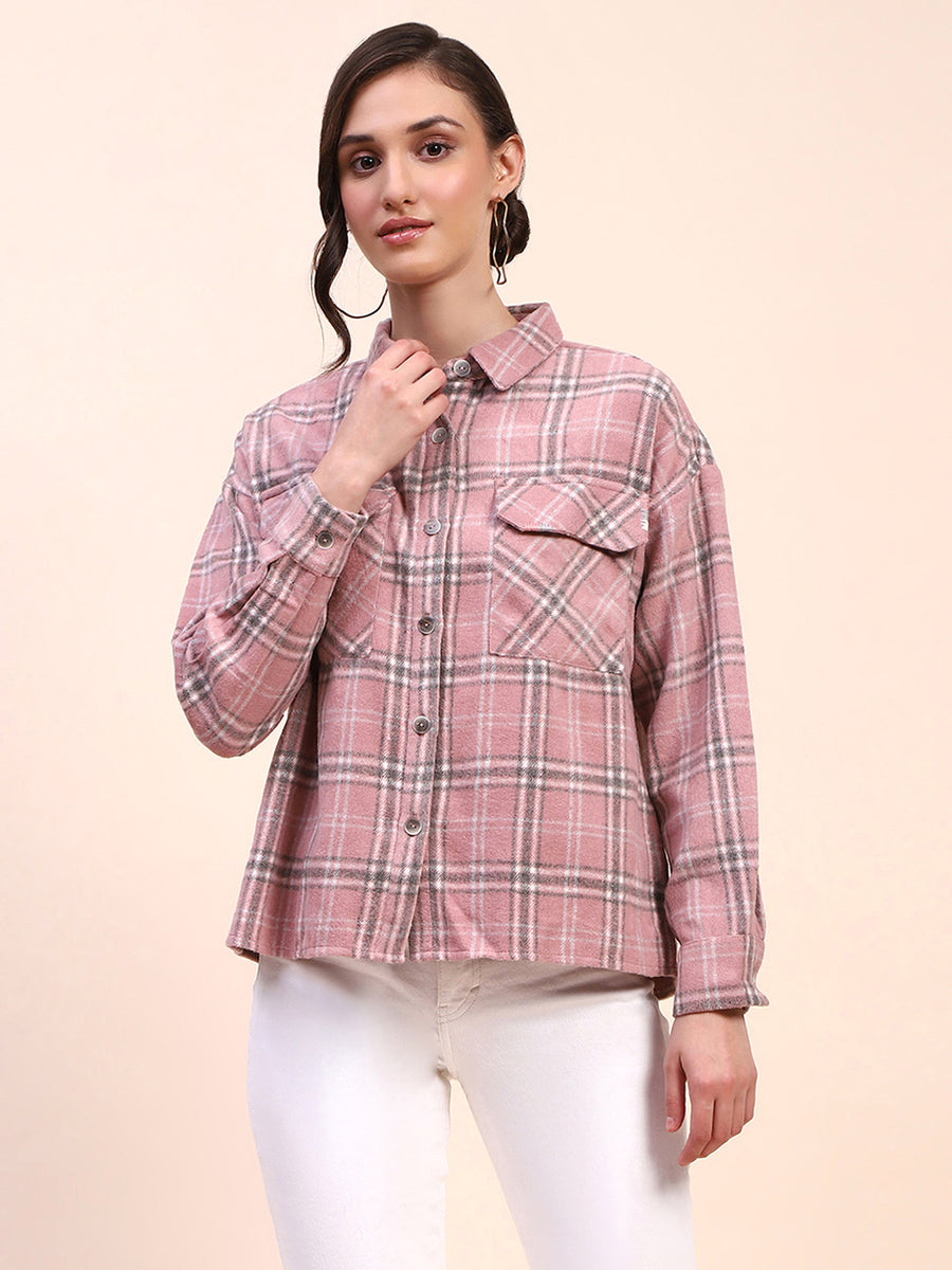 Camla Barcelona Checkered Dusty Pink Flap Patch Cotton Shirt