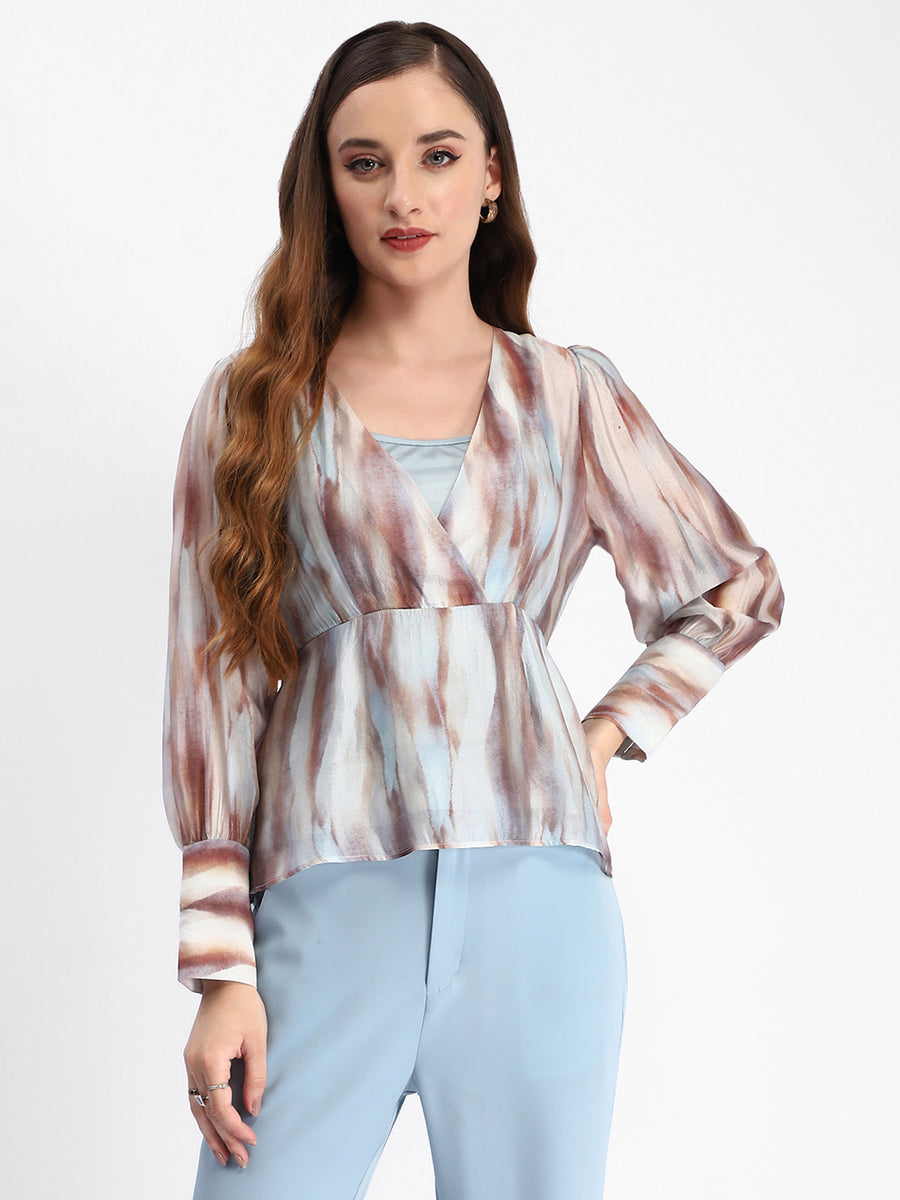 Madame Abstract Print Cuff Sleeved Sky Blue Peplum Top