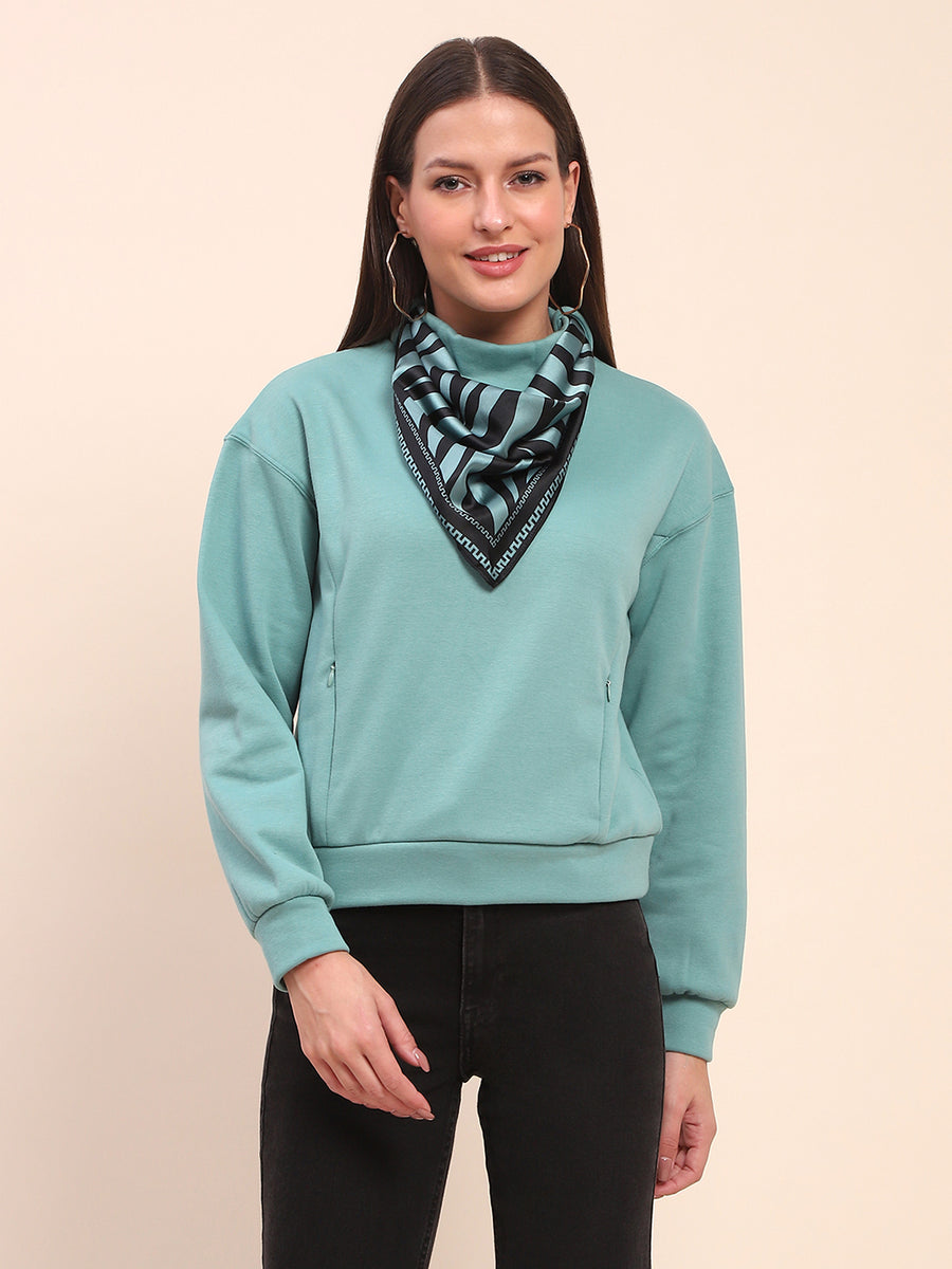 Camla Barcelona Cotton High Neck Sea Green Sweatshirt