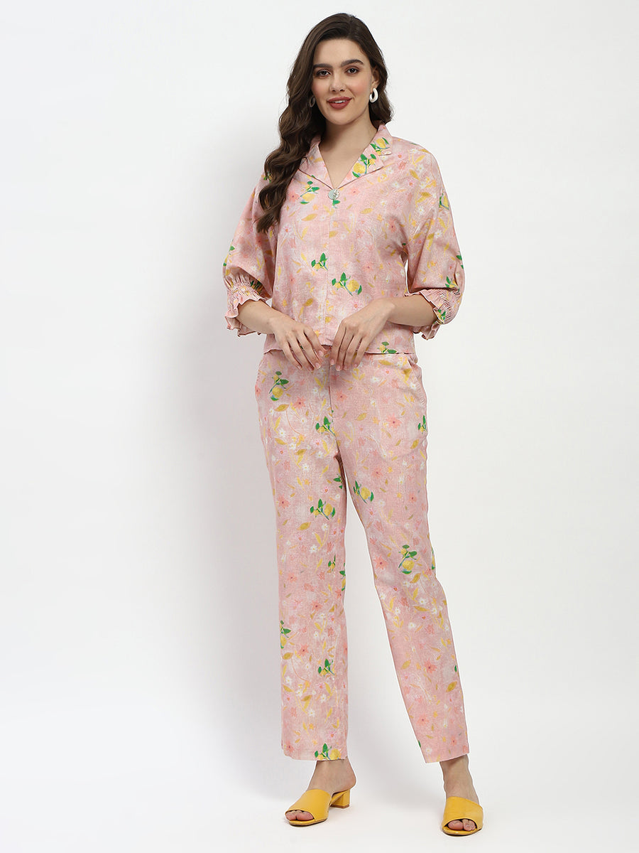 Madame Floral Print Cotton And Linen Peach Co-Ord Set