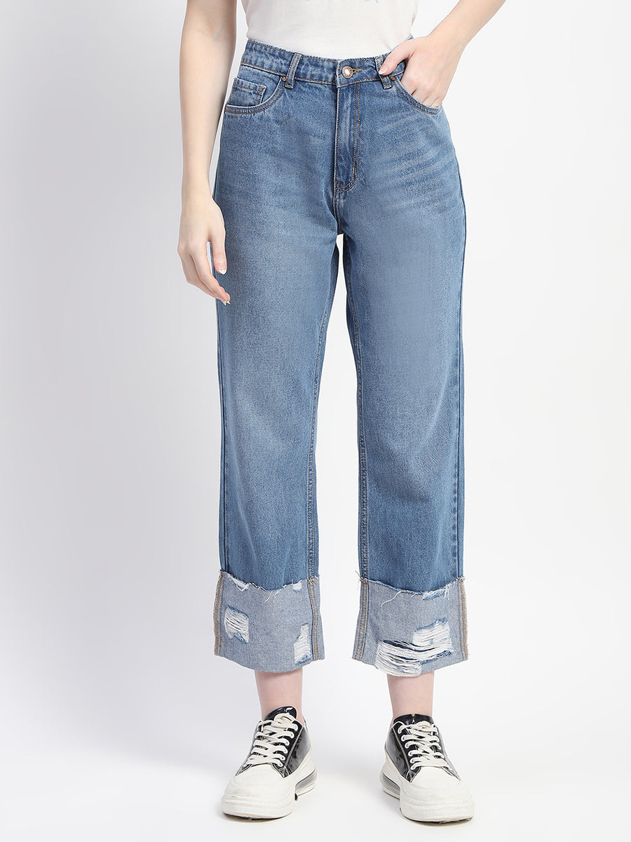 Madame Whiskered Folded Hem Ripped Denim