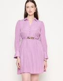 Madame Flounce Sleeved Belted Mauve Mini Dress