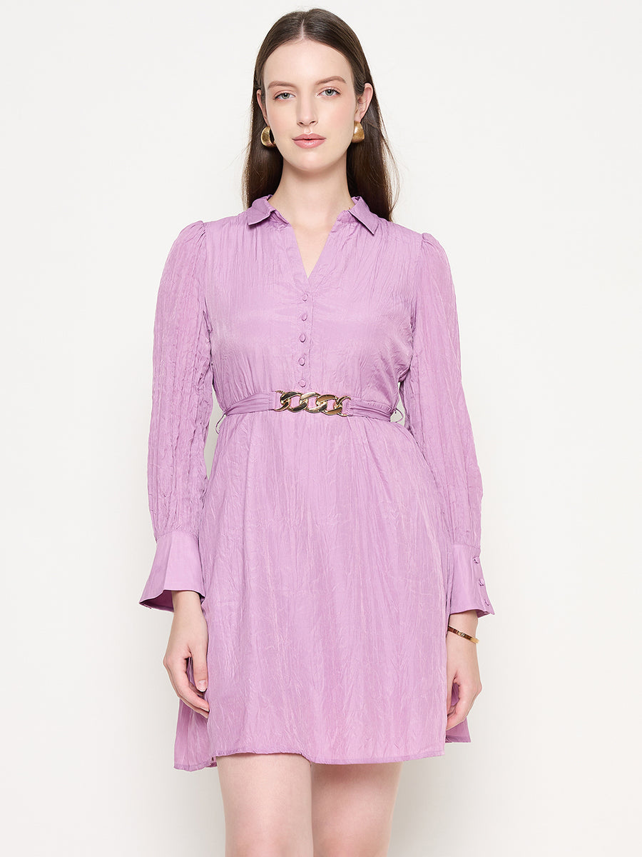 Madame Flounce Sleeved Belted Mauve Mini Dress