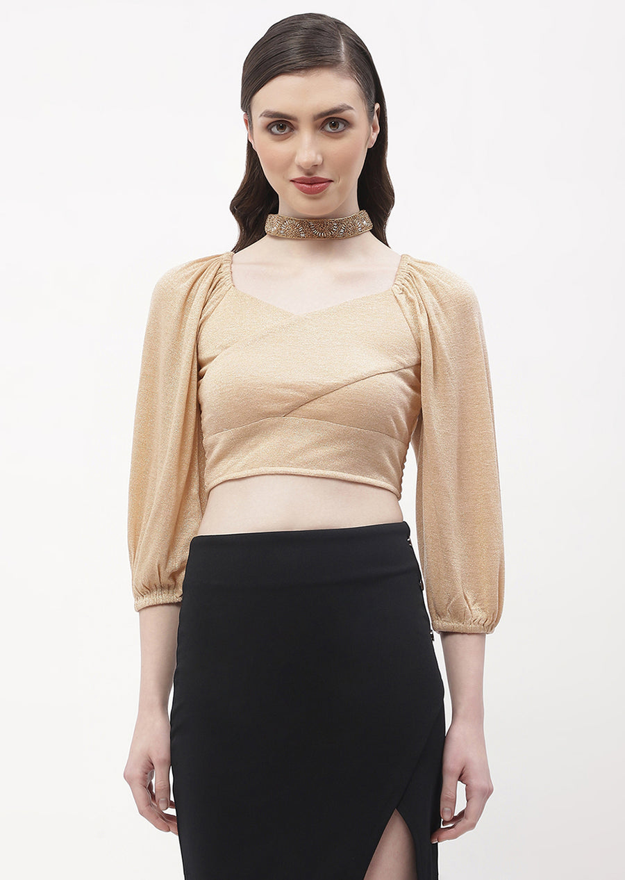 Madame Sweetheart Neck Beige Shimmery Crop Top