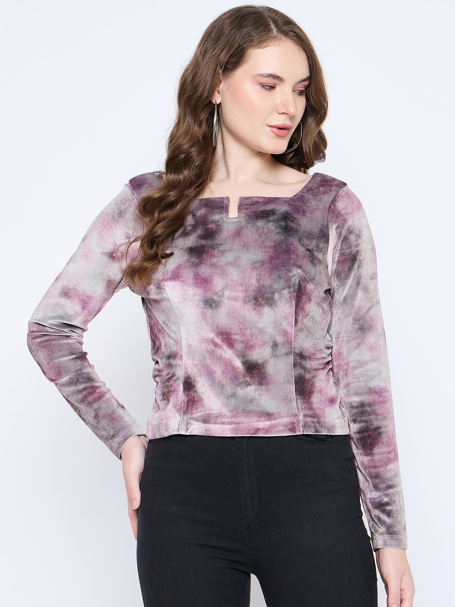 Madame Square Keyhole Neck Abstract Print Plum Top