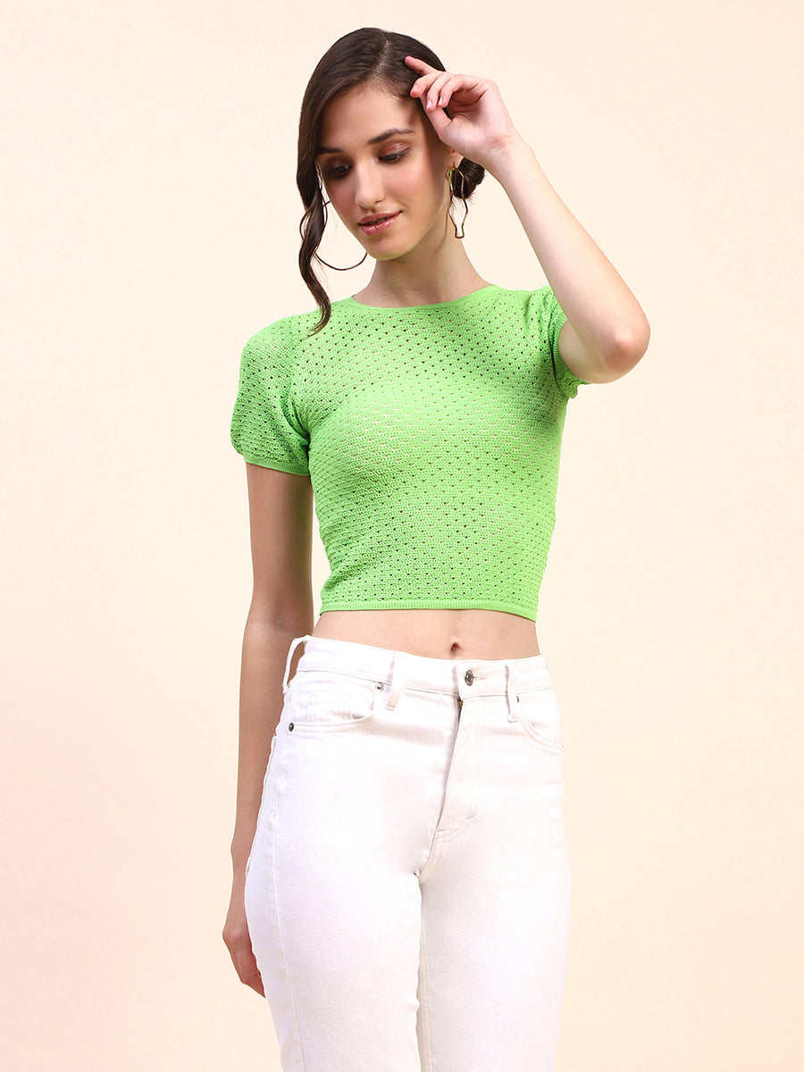 Camla Barcelona Crochet Crew Neck Cotton Green T-shirt