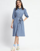 Madame Cotton Blend Belted Waist Blue Midi Shirt Dress