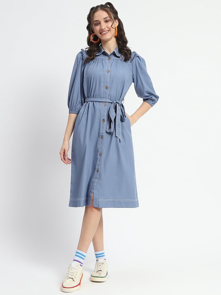 Madame Cotton Blend Belted Waist Blue Midi Shirt Dress